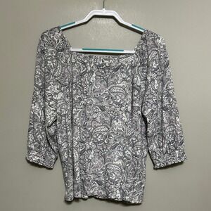 J. Jill Women's Blouse PM White Gray Paisley 3/4 Sleeve Square Neck Off Shoulder